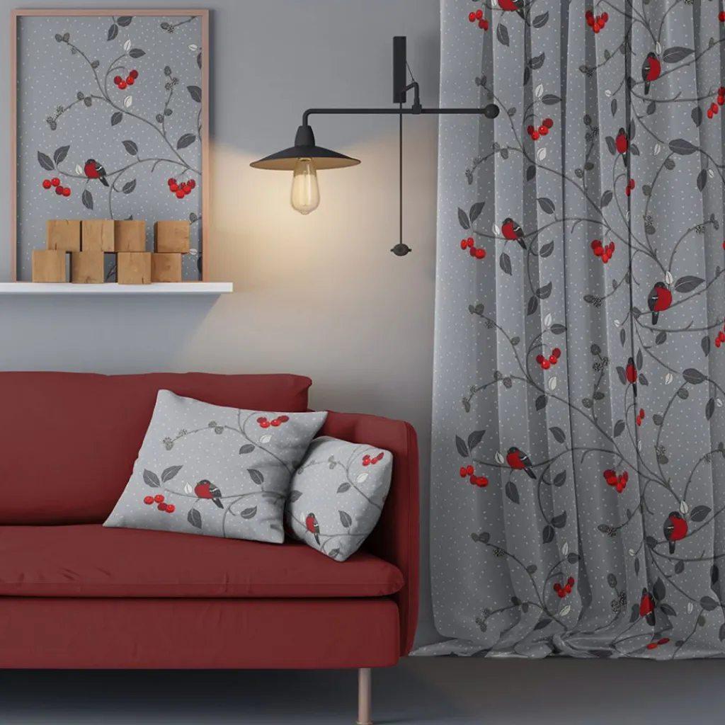 Arvidssons textil Gardiner Mönstrade|Julgardiner|Paradisäpplen grå gardiner
