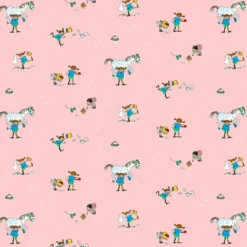 Barn Arvidssons textil Gardintyger Mönstrade|Barnmönster|Pippi med vänner rosa tyg