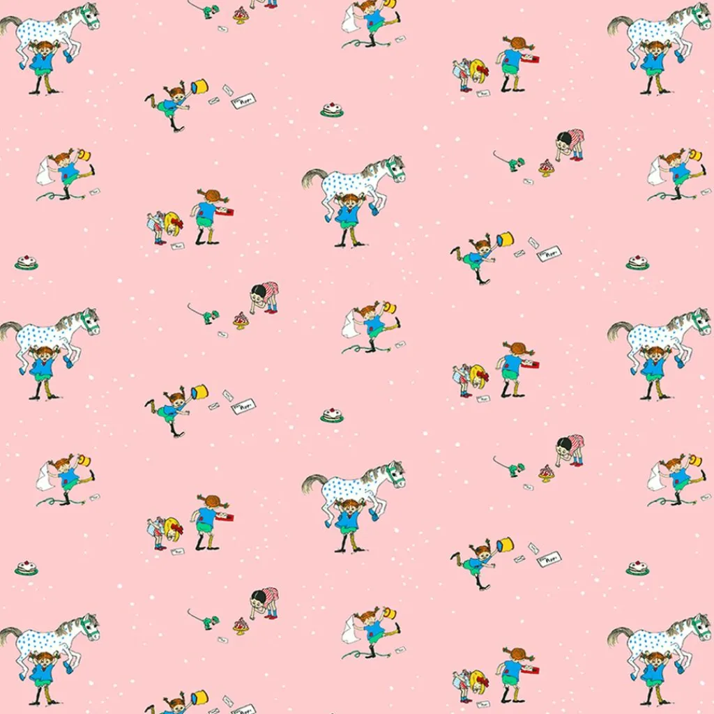 Barn Arvidssons textil Gardintyger Mönstrade|Barnmönster|Pippi med vänner rosa tyg