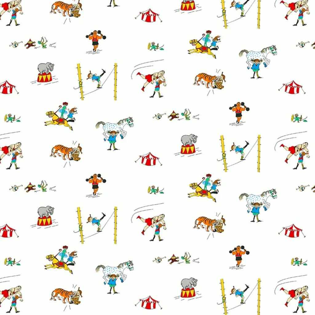 Barn Arvidssons textil Gardintyger Mönstrade|Barnmönster|Pippi på cirkus offwhite tyg