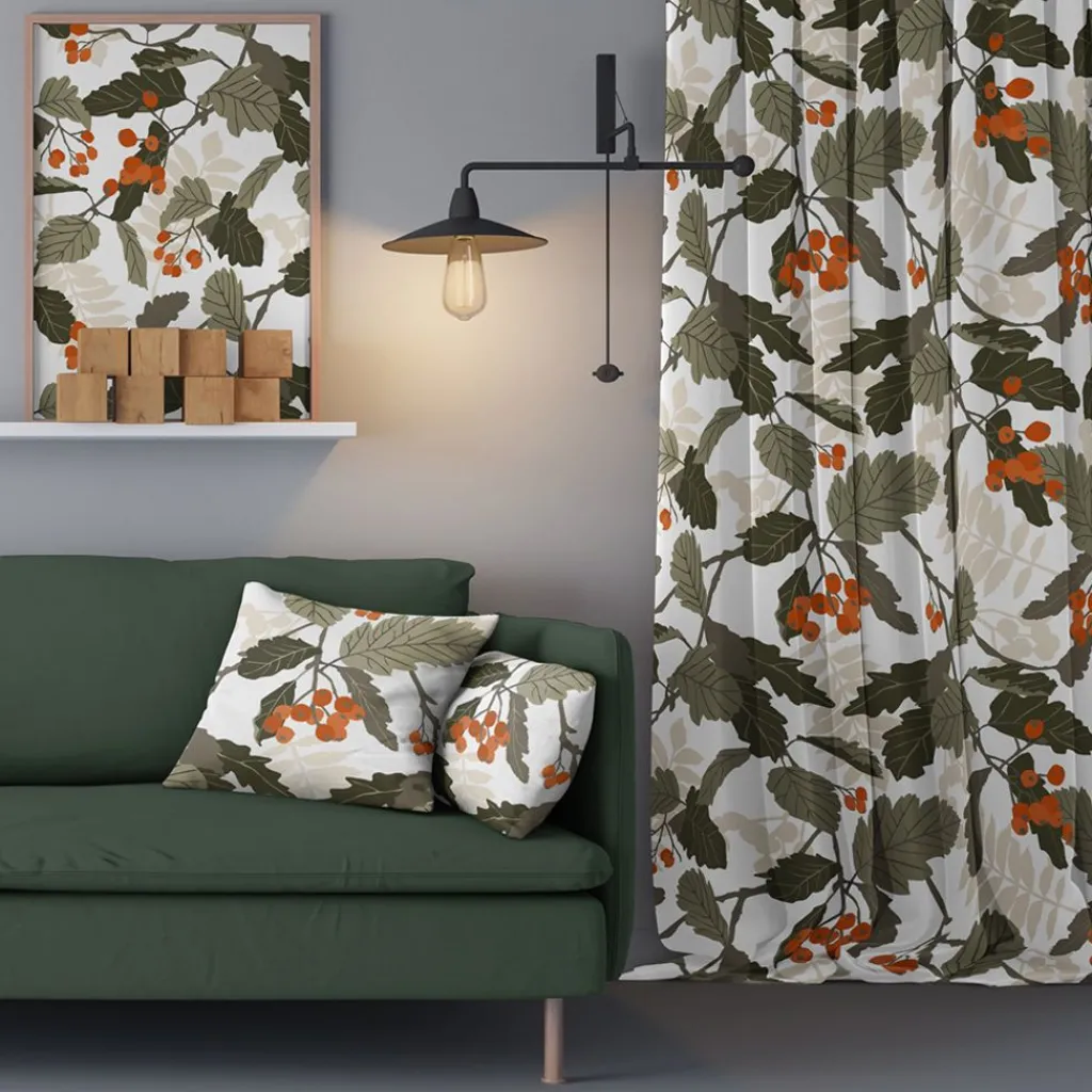 Arvidssons textil Gardiner Mönstrade|Rönnkvist grön gardiner