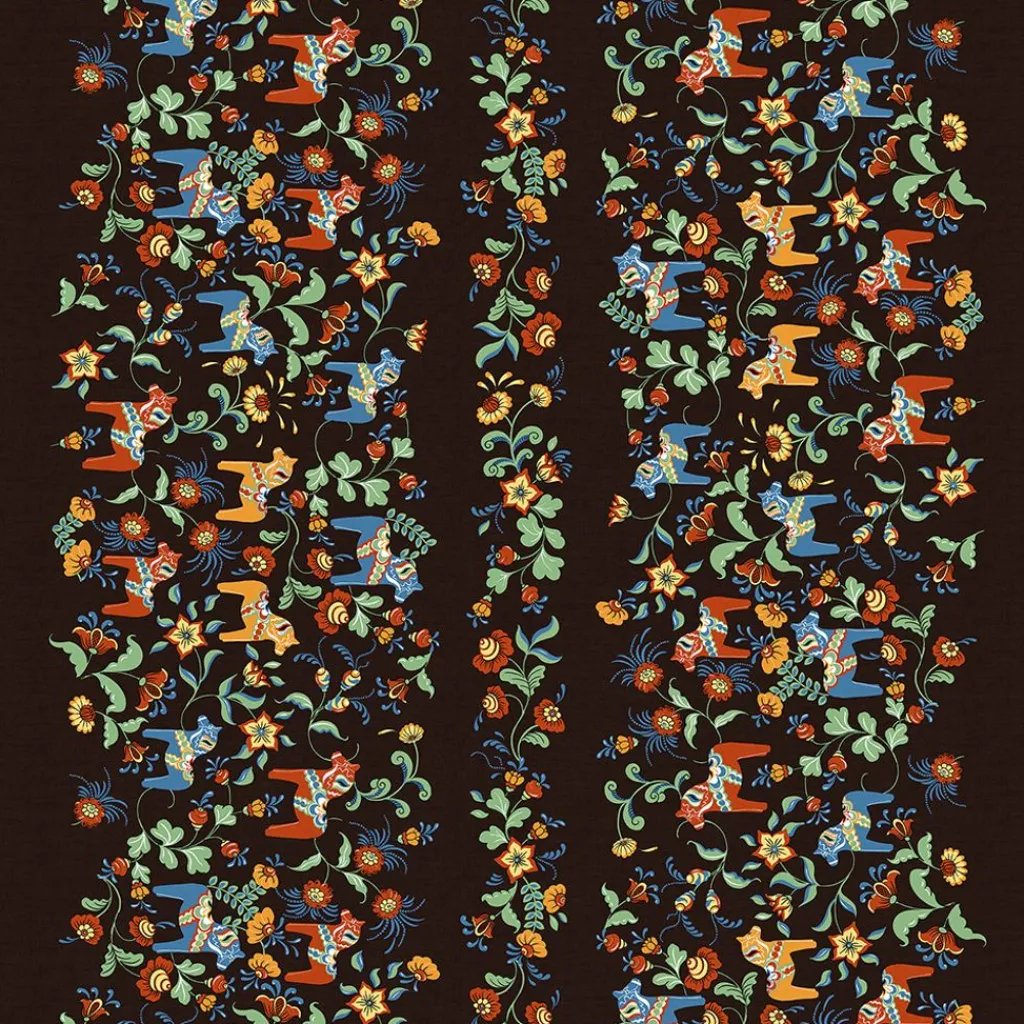 Arvidssons textil Textilvaxduk|Textilvaxduk Leksand bård svart med traditionellt dalahästmönster
