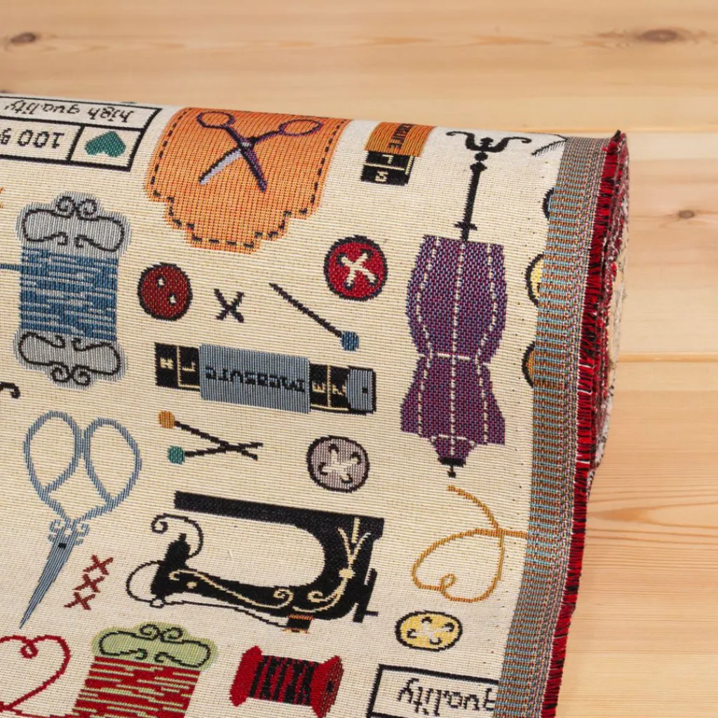 Mönstrade Möbeltyger|Vintage sewing atelier möbeltyg med vintage sybehör och symaskiner