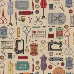 Mönstrade Möbeltyger|Vintage sewing atelier möbeltyg med vintage sybehör och symaskiner