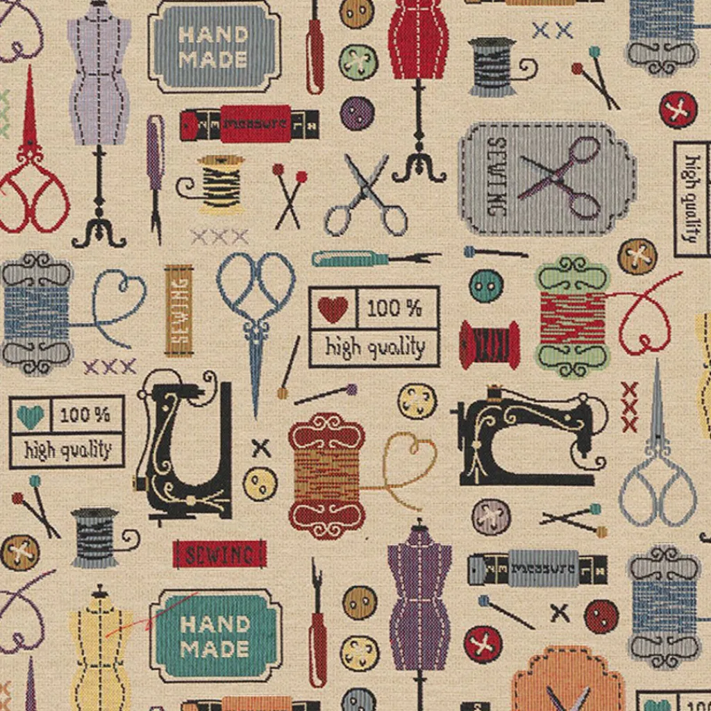 Mönstrade Möbeltyger|Vintage sewing atelier möbeltyg med vintage sybehör och symaskiner
